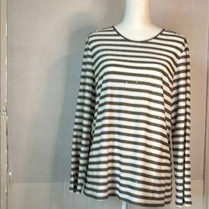 Chico’s Women’s Sequined Green White Stripe Long Sleeve Tee. Size 3